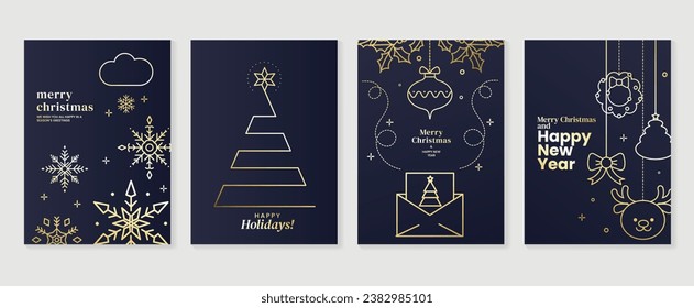 Christmas de lujo tarjeta de invitación art deco design vector. Árbol de Navidad, copo de nieve, sobre, reno, línea de pelota de arte sobre fondo azul oscuro. Ilustración de diseño para portada, impresión, afiche, papel pintado.