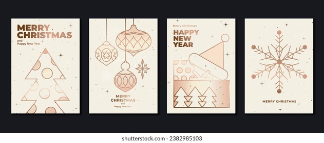 Luxury christmas invitation card art deco design vector. Christmas tree, snowflake, bauble ball, firework line art on light background. Design illustration for cover, print, poster, wallpaper.