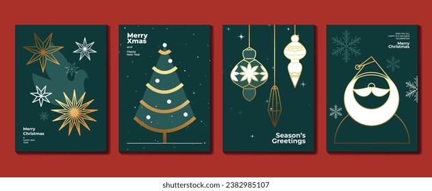 Christmas de lujo tarjeta de invitación art deco design vector. Árbol de Navidad, copo de nieve, bola de baudible, santa línea arte sobre fondo verde oscuro. Ilustración de diseño para portada, impresión, afiche, papel pintado.