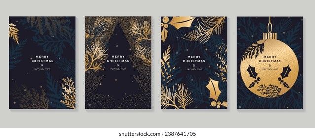 Luxury christmas invitation card art deco design vector. Christmas tree, bauble ball, pine leaves, holly sprig, bokeh on dark blue background. Design illustration for cover, print, poster, wallpaper.