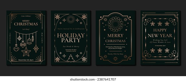 Luxury christmas invitation card art deco design vector. Christmas tree, bauble ball, sparkle, star line art on dark green background. Design illustration for cover, print, poster, wallpaper.