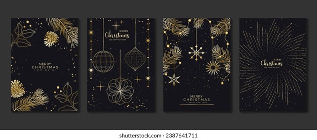 Luxury christmas invitation card art deco design vector. Christmas bauble ball, foliage, snowflake, twinkling star on dark background. Design illustration for cover, print, poster, wallpaper.