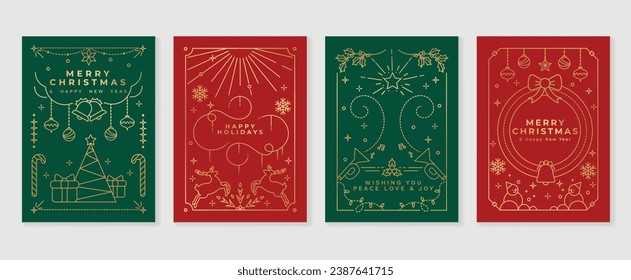 Christmas de lujo tarjeta de invitación art deco design vector. Árbol de Navidad, bola de baudible, reno, muñeco de nieve, arte de la línea de trompeta sobre fondo verde y rojo. Ilustración de diseño para portada, afiche, papel pintado.