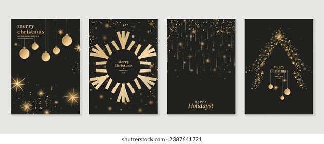 Luxury christmas invitation card art deco design vector. Christmas bauble ball, snowflake, twinkling stars, bokeh on dark background. Design illustration for cover, print, poster, wallpaper.