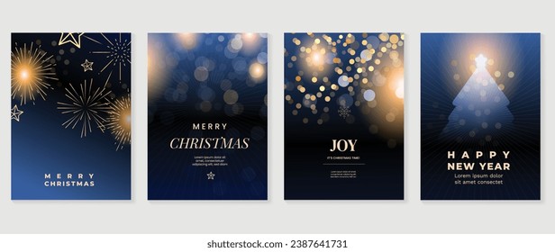 Luxury christmas invitation card art deco design vector. Christmas tree, snowflake, firework, star line art, bokeh on dark blue background. Design illustration for cover, print, poster, wallpaper.