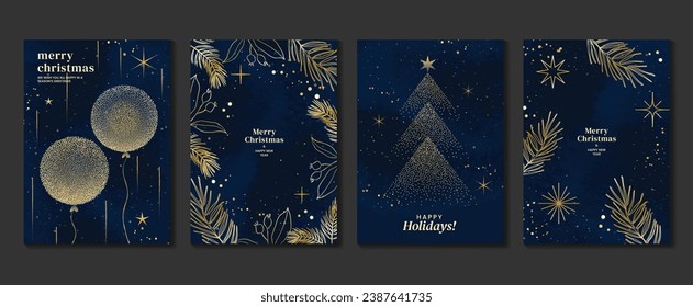 Christmas de lujo tarjeta de invitación art deco design vector. Árbol de Navidad, globo, follaje, textura acuarela sobre fondo azul oscuro. Ilustración de diseño para portada, impresión, afiche, papel pintado.