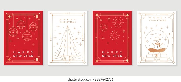 Luxury christmas invitation card art deco design vector. Christmas tree, bauble ball, reindeer, snowman, trumpet line art on green and red background. Design illustration for cover, poster, wallpaper.