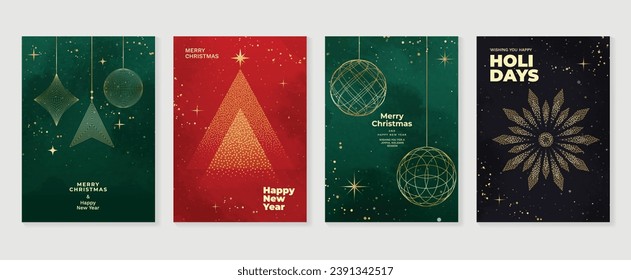 Luxury christmas invitation card art deco design vector. Christmas tree, bauble ball, firework, watercolor texture on green, red and dark background. Design illustration for cover, poster, wallpaper.