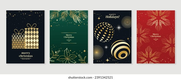 Christmas de lujo tarjeta de invitación art deco design vector. Navidad bauble bola, follaje, regalo, fuegos artificiales de arte sobre fondo verde, rojo y oscuro. Ilustración de diseño para portada, afiche, papel pintado.