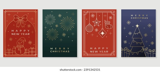 Luxury christmas invitation card art deco design vector. Christmas tree, bauble ball, snowman, firework, gift line art on dark green background. Design illustration for cover, poster, wallpaper.