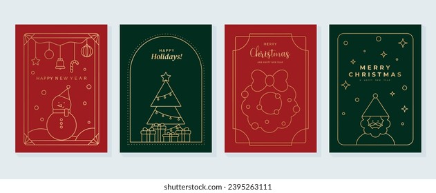 Christmas de lujo tarjeta de invitación art deco design vector. Árbol de Navidad, bola de baudible, muñeco de nieve, santa, arte de línea de guirnalda sobre fondo verde y rojo. Ilustración de diseño para portada, afiche, papel pintado.