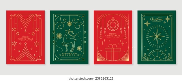 Luxury christmas invitation card art deco design vector. Christmas tree, bauble ball, snowflake, reindeer, gift line art on green and red background. Design illustration for cover, poster, wallpaper.