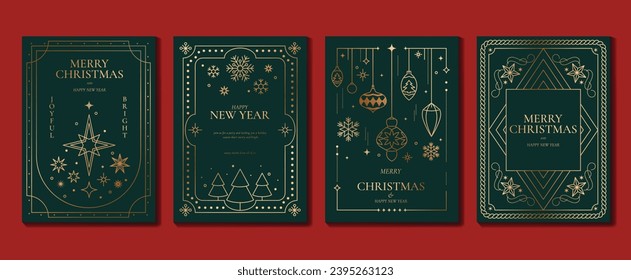 Luxury christmas invitation card art deco design vector. Christmas tree, bauble ball, snowflake, star line art on green background. Design illustration for cover, poster, wallpaper.