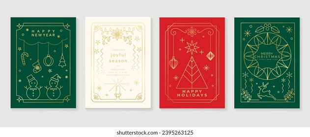 Luxury christmas invitation card art deco design vector. Christmas tree, bauble ball, snowman, reindeer line art on white, green and red background. Design illustration for cover, poster, wallpaper.