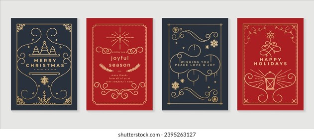 Luxury christmas invitation card art deco design vector. Christmas tree, bauble ball, snowflake, foliage line art on blue and red background. Design illustration for cover, poster, wallpaper.