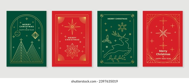 Luxury christmas invitation card art deco design vector. Christmas tree, bauble ball, snowflake, reindeer line art on green and red background. Design illustration for cover, poster, wallpaper.