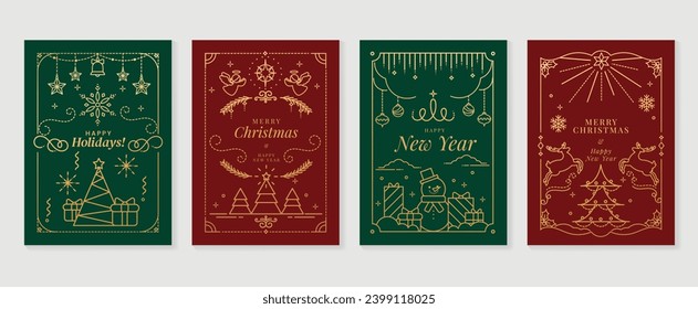 Luxury christmas invitation card art deco design vector. Christmas tree, bauble ball, angel, reindeer, snowman line art on green and red background. Design illustration for cover, poster, wallpaper.