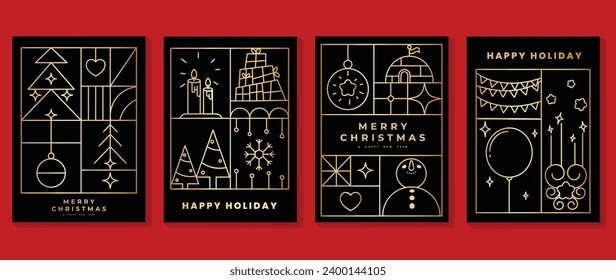 Luxury christmas invitation card art deco design vector. Christmas tree, bauble ball, snowman, gift, candle, balloon line art on dark background. Design illustration for cover, poster, wallpaper.