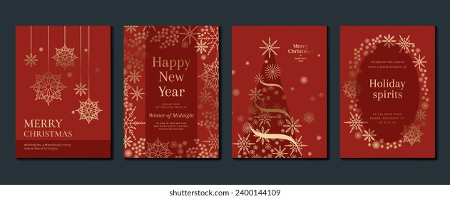 Luxury christmas invitation card art deco design vector. Christmas tree, snowflakes, firework line art on red background. Design illustration for cover, poster, wallpaper.