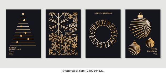 Luxury christmas invitation card art deco design vector. Christmas tree, bauble ball, snowflake, wreath line art on dark background. Design illustration for cover, poster, wallpaper.