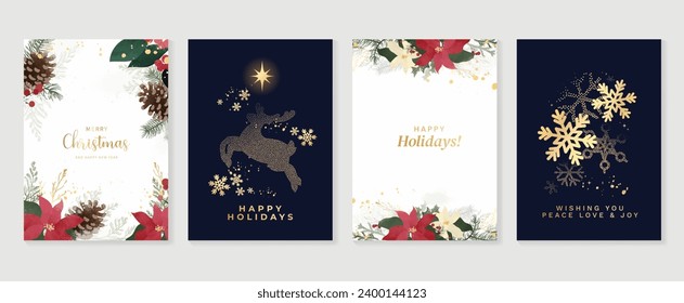 Luxury christmas invitation card art deco design vector. Christmas tree, reindeer, pine cone, flower, spot texture on blue and white background. Design illustration for cover, poster, wallpaper.