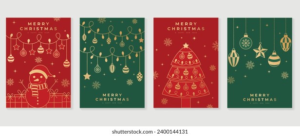 Luxury christmas invitation card art deco design vector. Christmas tree, bauble ball, snowman, gift, snowflake line art on red and green background. Design illustration for cover, poster, wallpaper.