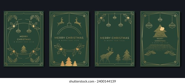 Luxury christmas invitation card art deco design vector. Christmas tree, bauble ball, holly line art, reindeer spot texture on green background. Design illustration for cover, poster, wallpaper.