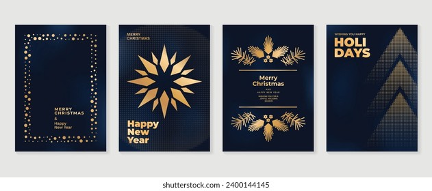 Luxury christmas invitation card art deco design vector. Christmas tree, snowflake, foliage, halftone texture on dark blue background. Design illustration for cover, poster, wallpaper.