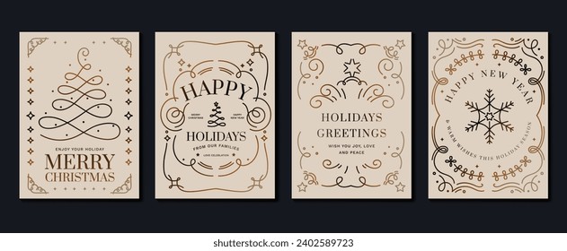 Luxury christmas invitation card art deco design vector. Christmas tree, star, frame, sparkle, foliage line art on light background. Design illustration for cover, poster, wallpaper.