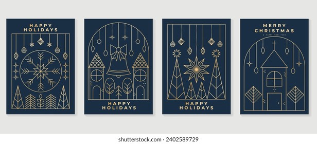 Luxury christmas invitation card art deco design vector. Christmas tree, bauble ball, house, bell line art on dark blue background. Design illustration for cover, poster, wallpaper.