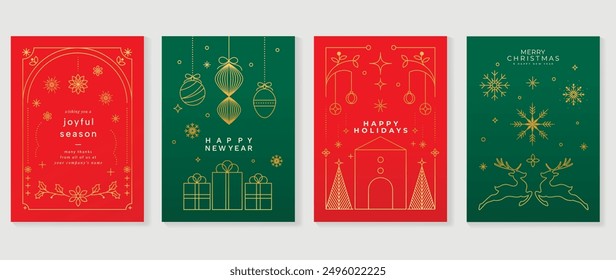 Luxury christmas invitation card art deco design vector. Christmas tree, bauble ball, reindeer, holly line art on green and red background. Design illustration for cover, poster, wallpaper.