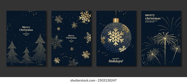 Vector de diseño art deco de tarjeta de invitación de Navidad de lujo. Árbol de Navidad, bola de chuchería, pino, copo de nieve, fuegos artificiales sobre fondo azul. Ilustración de diseño para cartel, Fondo de pantalla, tarjeta de felicitación.