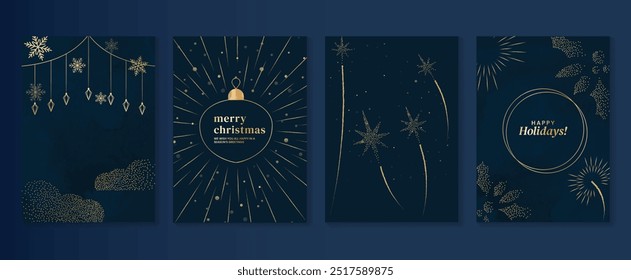 Luxury christmas invitation card art deco design vector. Christmas bauble ball, firework, holly in spot texture on navy blue background. Design illustration for cover, poster, greeting card.