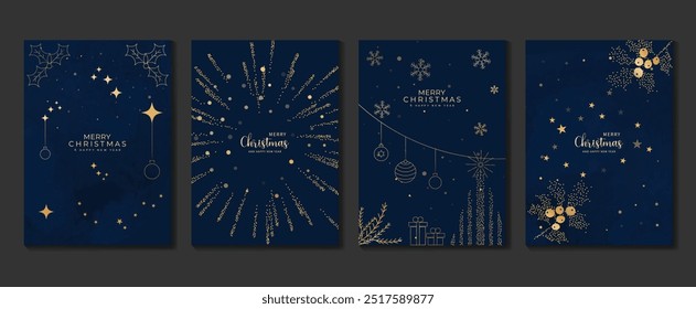 Vetor de design art deco de convites de Natal de luxo. Bola de bauble de Natal, fogo de artifício, azevinho na textura spot no fundo azul marinho. Ilustração de design para capa, cartaz, cartão.