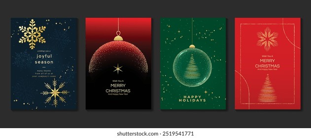 Luxury christmas invitation card art deco design vector. Christmas bauble, snowflake, tree in spot texture on green, navy blue and red background. Design illustration for cover, poster, greeting card.