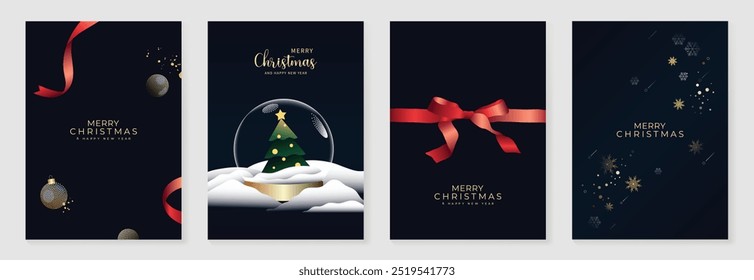 Luxury christmas invitation card art deco design vector. Christmas bauble, snow globe, ribbon, tree in spot texture on navy blue background. Design illustration for cover, poster, greeting card.