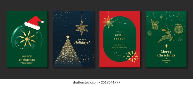 Luxury christmas invitation card art deco design vector. Christmas bauble, snowflake, reindeer in spot texture on green, navy blue and red background. Design illustration for cover, poster, ads.