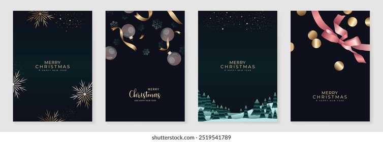 Vetor de design art deco de convites de Natal de luxo. Baile de Natal, floco de neve, fita, árvore em textura spot no fundo verde. Ilustração de design para capa, cartaz, cartão.