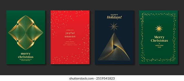 Luxury christmas invitation card art deco design vector. Christmas tree, glitter, sparkle in spot texture on green, navy blue and red background. Design illustration for cover, poster, ads.