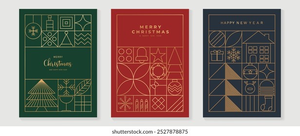 Luxury christmas invitation card art deco design vector. Christmas tree, star, bauble ball, candle line art on green, red and navy blue background. Design illustration for cover, poster, wallpaper.