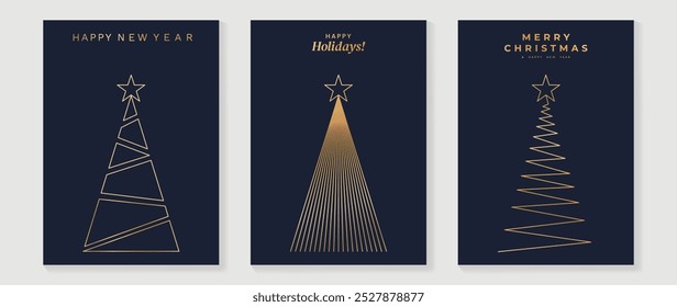 Luxury christmas invitation card art deco design vector. Christmas tree, star line art on navy blue background. Design illustration for cover, poster, wallpaper.