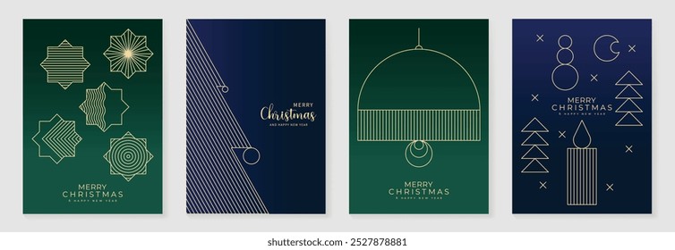 Vector de diseño art deco de tarjeta de invitación de Navidad de lujo. Árbol de Navidad, copo de nieve, arte de la línea de la vela sobre fondo verde y azul marino. Ilustración de diseño para portada, póster, Fondo de pantalla.