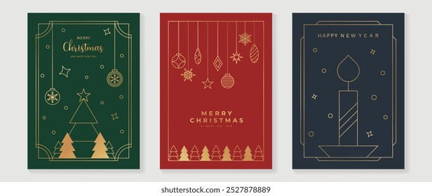 Luxury christmas invitation card art deco design vector. Christmas tree, star, bauble ball, candle line art on green, red and navy blue background. Design illustration for cover, poster, wallpaper.