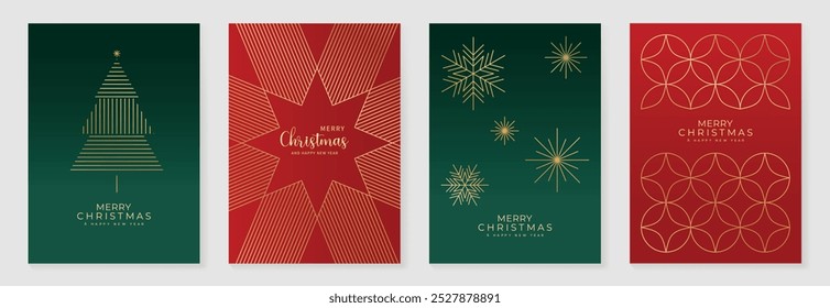 Luxury christmas invitation card art deco design vector. Christmas tree, snowflake, firework line art on green and red background. Design illustration for cover, poster, wallpaper.