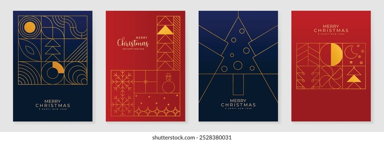 Luxury christmas invitation card art deco design vector. Christmas tree, star, bauble ball, candle line art on green, red and navy blue background. Design illustration for cover, poster, wallpaper.