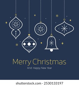 Luxury Christmas invitation card art deco design vector. Christmas bauble ball, pine cone, holly sprig line art background. Design illustration for cover, print, poster, wallpaper.