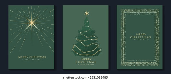 Vetor de design art deco de convites de Natal de luxo. Árvore de Natal, floco de neve, arte da linha de fogo de artifício, aquarela em fundo verde e vermelho. Ilustração de design para capa, impressão, cartaz, papel de parede.