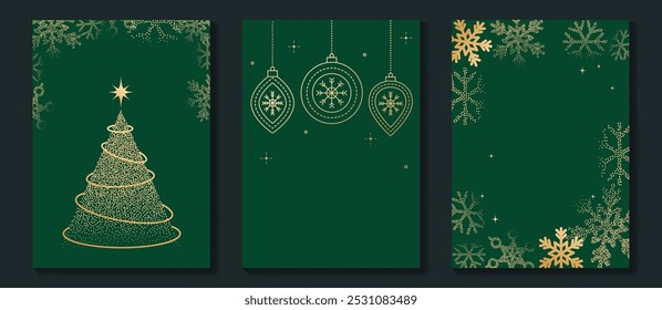 Luxus Weihnachten Einladung Karte Art Deco Design Vektor. Weihnachtsbaum, Schneeflocke, Feuerwerk, Aquarell auf grünem und rotem Hintergrund. Designgrafik für Cover, Print, Poster, Tapete.