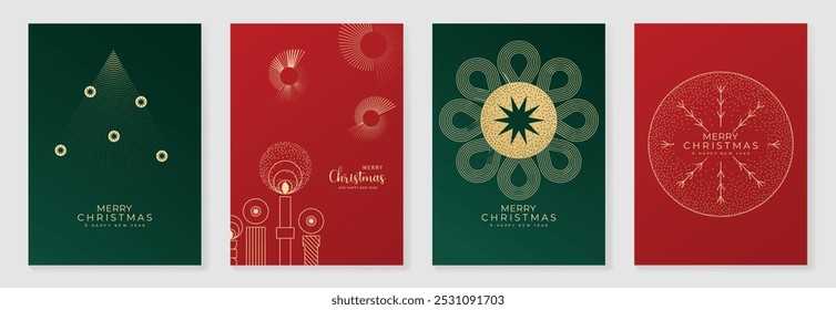 Luxury christmas invitation card art deco design vector. Christmas tree, bauble ball, snowflake in spot texture line art on green and red background. Design illustration for cover, poster, wallpaper.