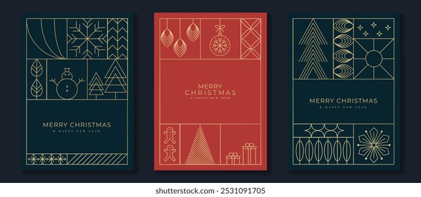 Vetor de design art deco de convites de Natal de luxo. Árvore de Natal, estrela, bola de bauble, arte da linha da vela no fundo vermelho e azul marinho. Ilustração de design para capa, cartaz, papel de parede.